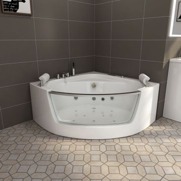Double Seat Acrylic Fiber Glass Corner Bathtub with Whirlpool Spa Jets
