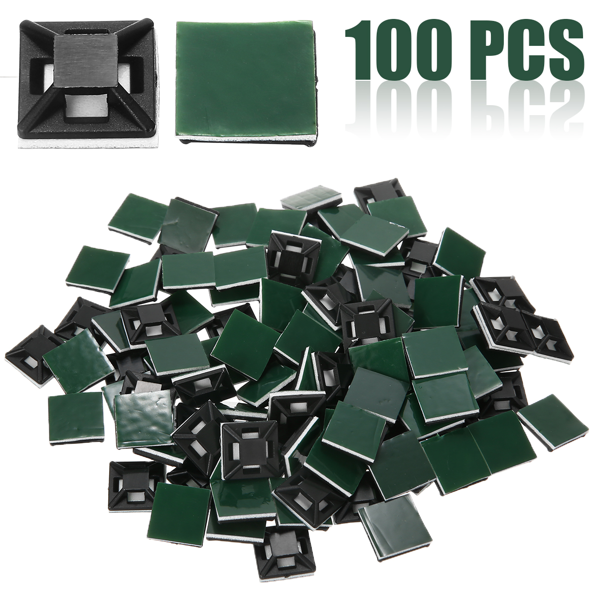 100PCS/Set Green Cable Base Mounts 12.5*12.5mm Self Adhesive Cable Wire Zip Tie Mounts Bases Wall Holder Fixing Seat Clamps