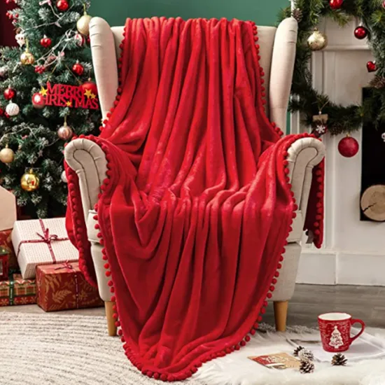 Super soft throw with home deco pompom flannel fabric throw blanket with pom pom