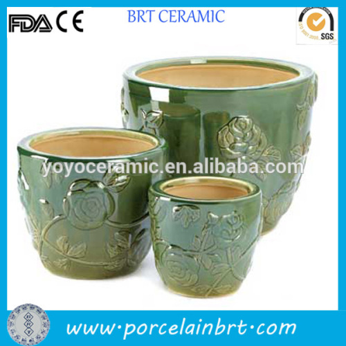 Green glazed embossed flower pot garden decoration