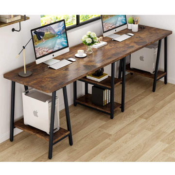 L-Shaped Metal Frame 2-Person Wood Writing Desk with Storage Shelf