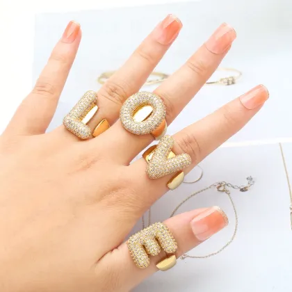 Copper Micro-Inlaid 26 English Letter Ring: Zircon Gold-Plated Open Ring for Women