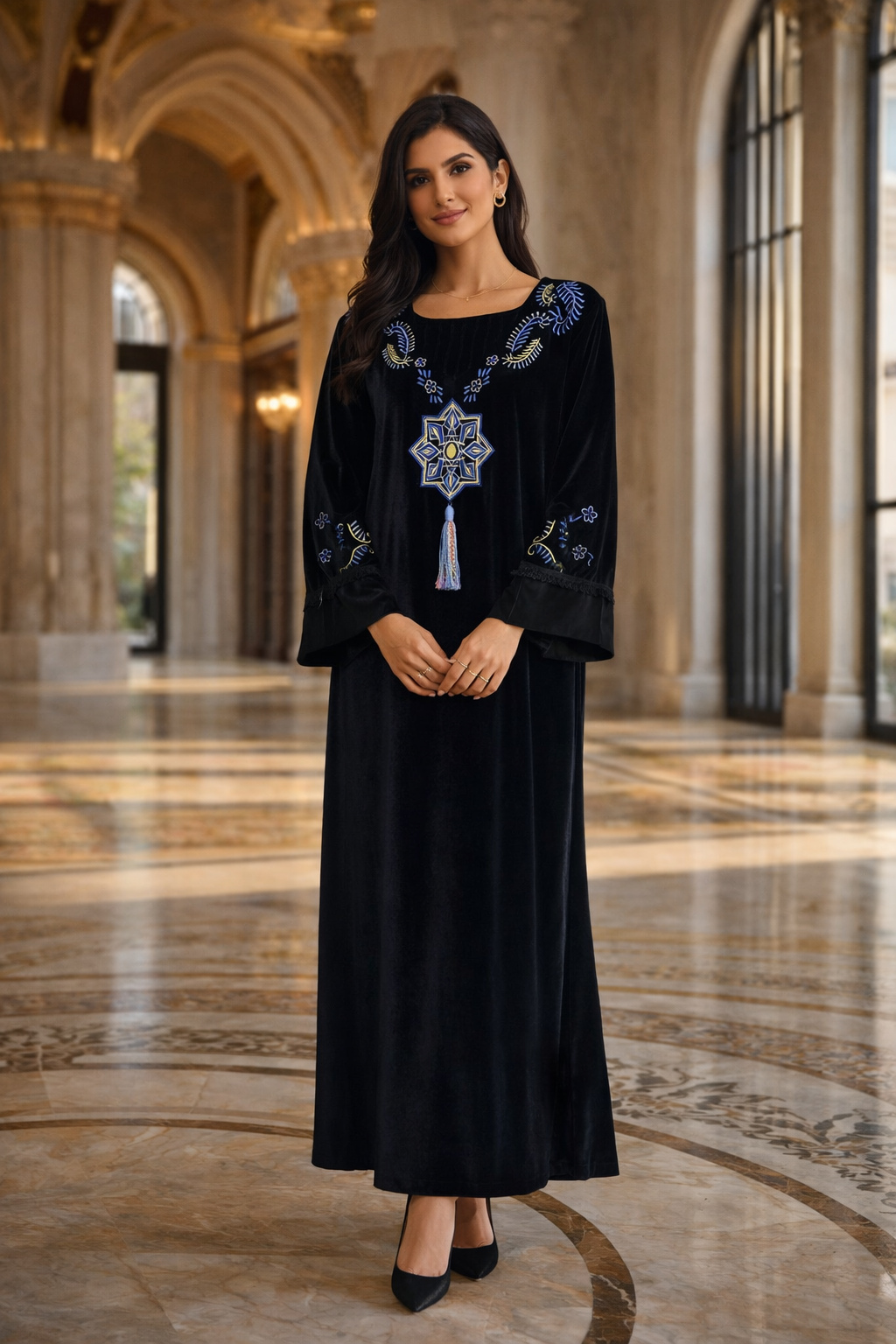 black embroidered velvet abaya neckline embroidery front view