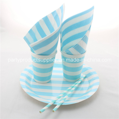 Disposable Blue Striped Party Tableware Sets Paper Plates Straws Wedding Party Favor Decor Paper Napkins Cups