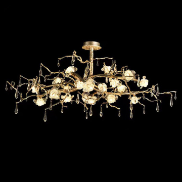 Copper Tree Ceiling Lamp with Crystal Drips and Flowers
