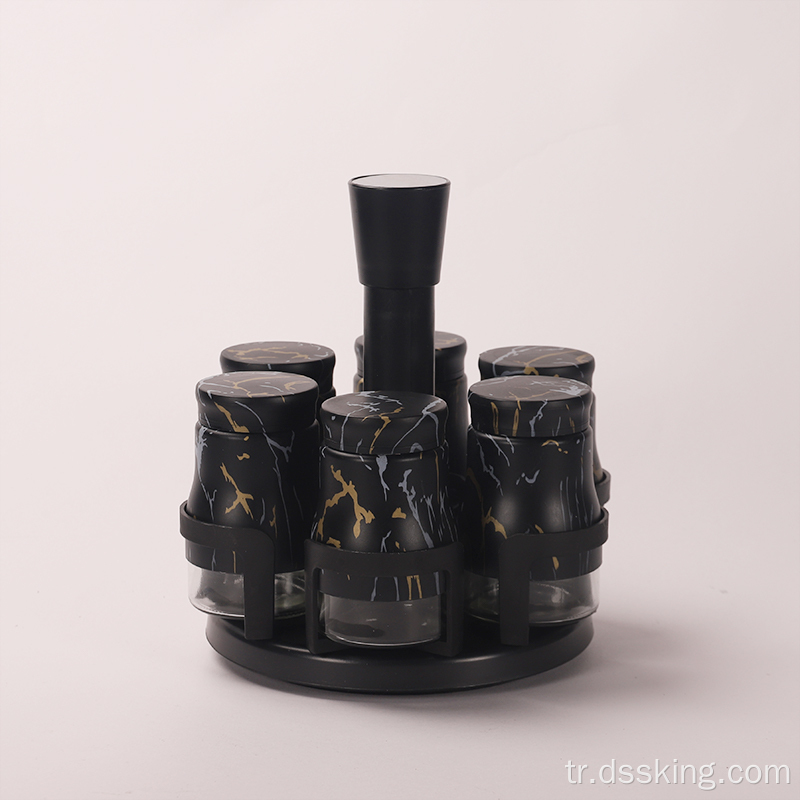 Mat siyah mermer tahıl döndürülebilir cam baharat kavanozu 6 parçalı set düzensiz şekil cam süt şişesi 200ml