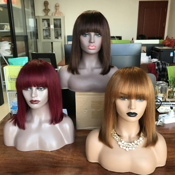 Wholesale Natural Fringe Bob Wig Human Hair, #4 #30 99j Bob Wigs with Bang Human Hair, Colored Wigs with no Lace