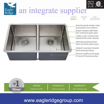 Undermount 50/50 Deep Double Bowl Kitchen Sink, 32 inches 16 Gauge Stainless Steel Modern Kitchen Sink