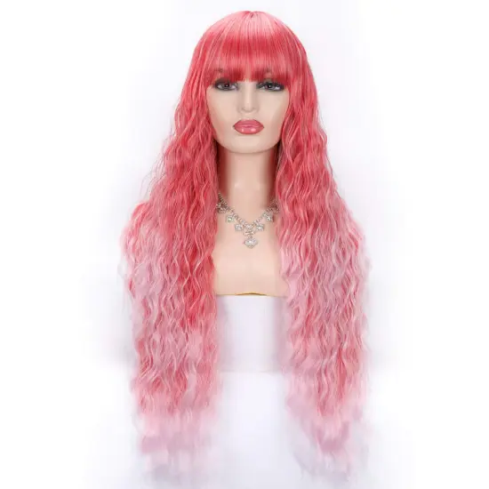 Cosplay cheap long Loose Body Wave red pink gradient color with neat Bang Natural Fluffy Long Wavy Synthetic hair Wigs for women