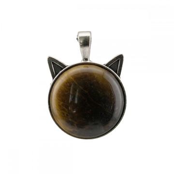 Gemstone Cat Round Stone Pendant Natural Stone Crystal Animal Cat Silver Plated Charm Pendant for DIY Jewelry Making New Arrival