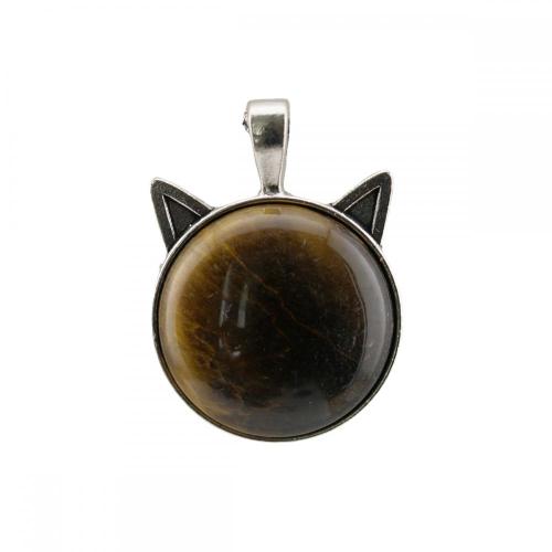 Gemstone Cat Round Stone Pendant Natural Stone Crystal Animal Cat Silver Plated Charm Pendant for DIY Jewelry Making New Arrival