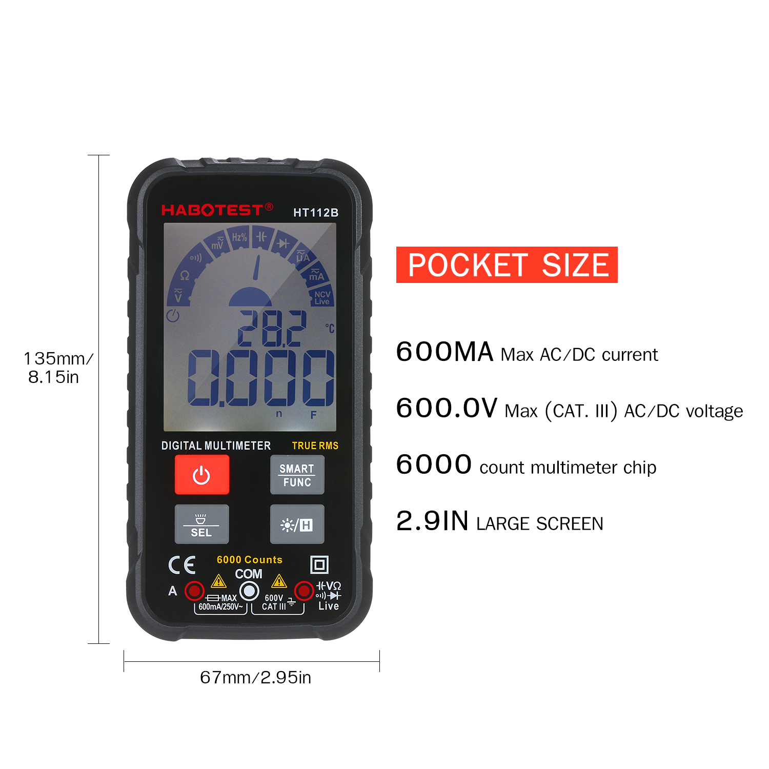 HT112 600V Digital Multimeter Tester Intelligent 6000 Counts TRMS Multimeter Digital LCD Display AC/DC Advance Multimetro Tester