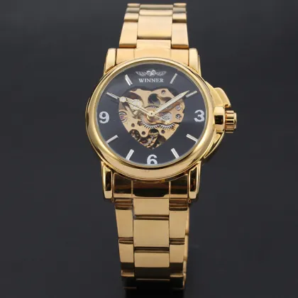 heart shaped skeleton design dial golden winner watch