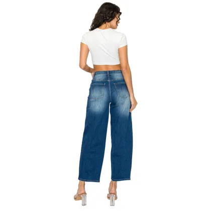 Women Casual Medium Blue Cropped Jeans Stretch Denim Pants
