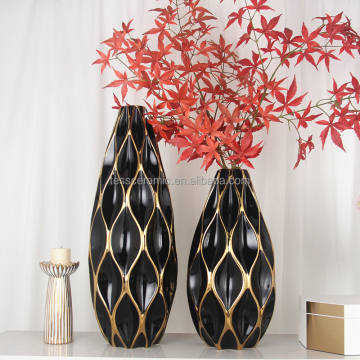 Nordic Light Luxury Ceramic Floor Vase Set - Black and Gold Home Decor
