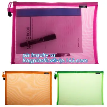 PVC Netting Ziplock Document Bag with Pocket, A4 Size ladies plastic document bag for student, Netting surface PVC pen file docu