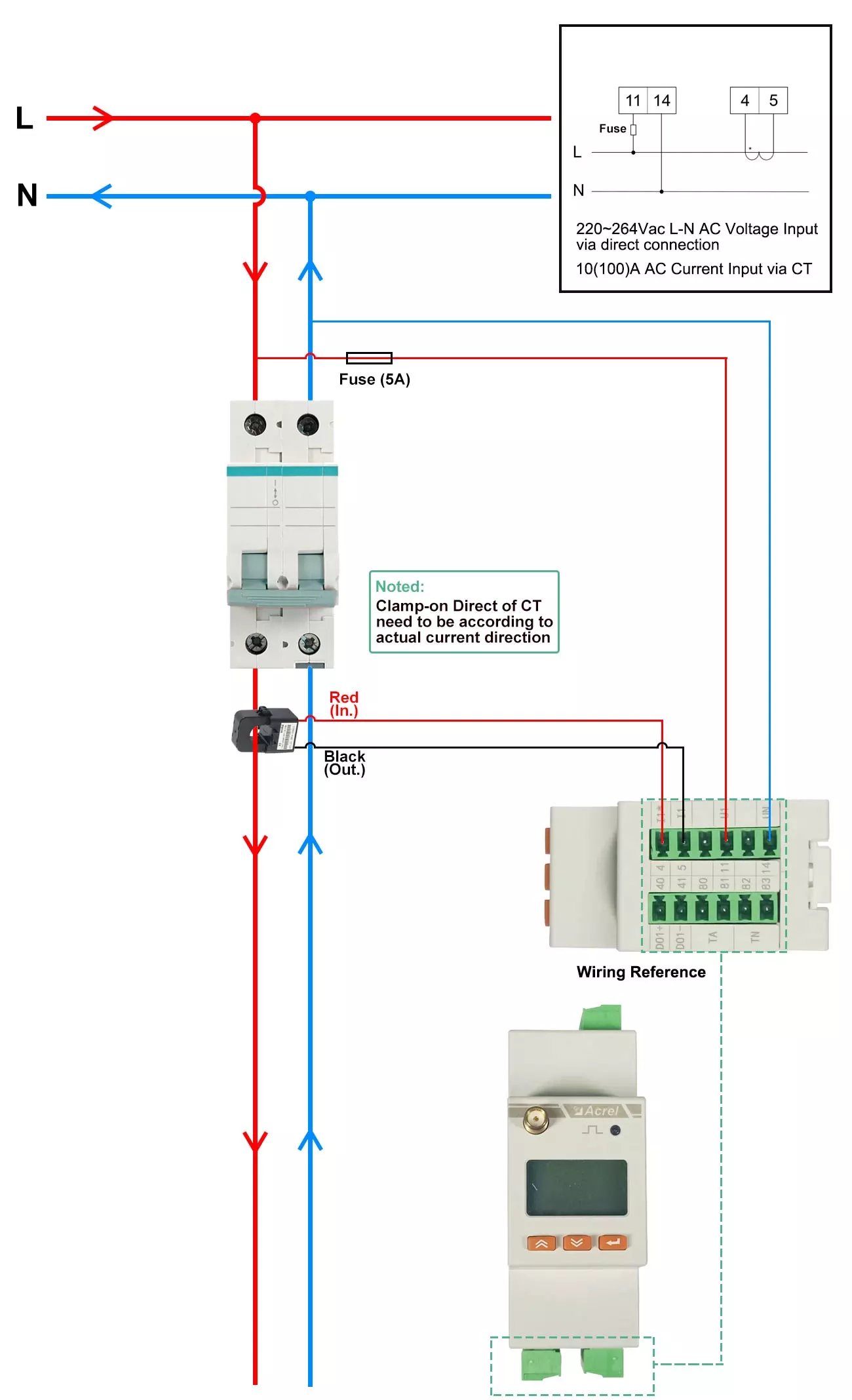 1-phase 2-wire Wiring Diagram (Voltage&Current Input)