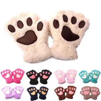 Cute Cartoon Cat Claw Gloves - Baby Winter Thick Warm Outdoor Half Finger Gloves M0149