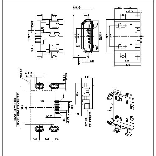 MUFM23 23-MICRO USB FEMALE 5PIN CONNECTOR,OFFSET TYPE,WITH 4 SHELL DIP,SINK 1.3MM 