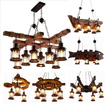 Retro Industrial Wooden Iron Chandelier for Bars and Restaurants