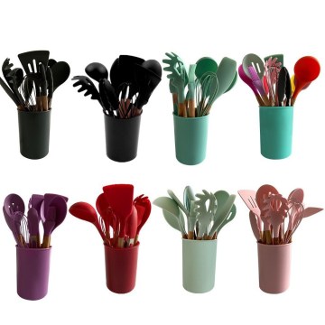 Silicone Kitchen Tools 12-in-1 Set with Wooden Handles