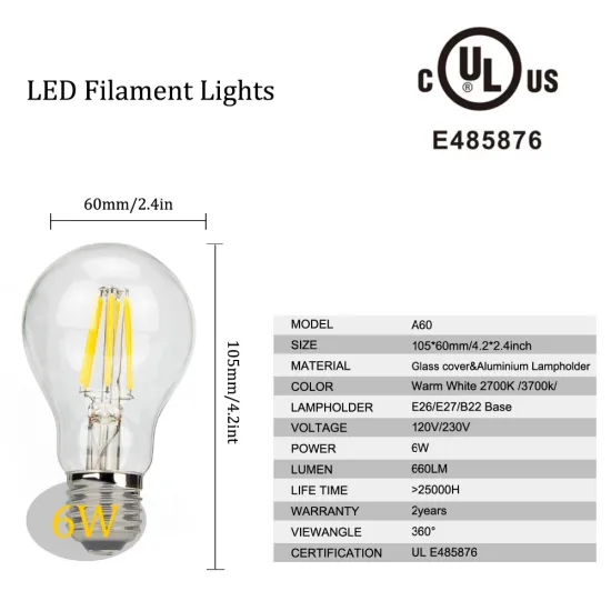 CF Grow A19 Led light bulb filament a60 4000k warm white 4w 6w energy saving e27