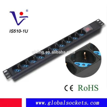 1U Vertical 12ways Germany type electric socket outlet with switch