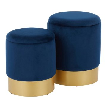 Simple Modern Velvet Round Storage Ottoman Set with Gold Metal Accents