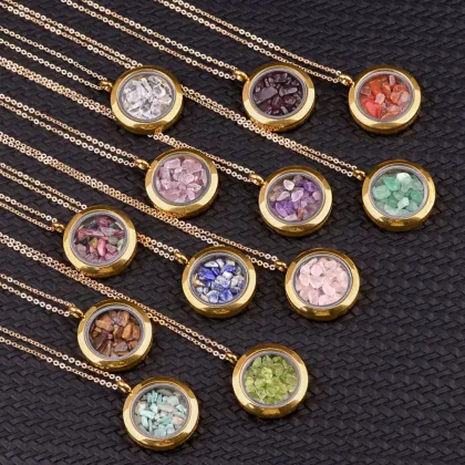 Genstone Memory Locket Necklace Pendant with Charms Natural Stone Chips Memory Pendant Necklace with 45cm Gold Chain
