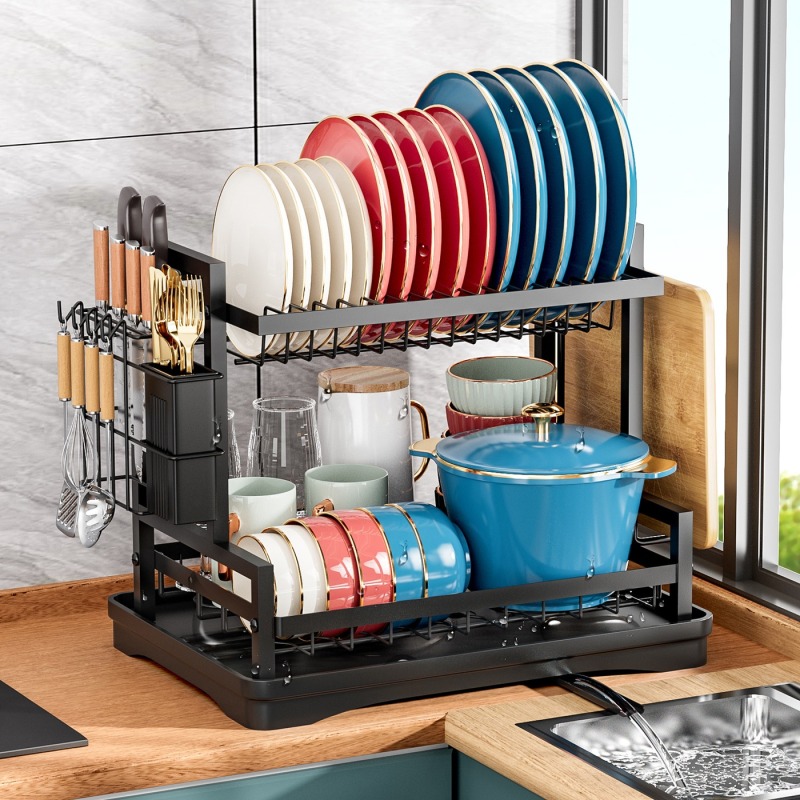 2 Tier Carbon Steel Dish Drying Rack Kitchen Countertop Bowl and Cutlery Organizer