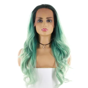 x-tress ombre green long curly wave synthetic hair lace front wigs  middlr part 150% density wigs with lace front wig