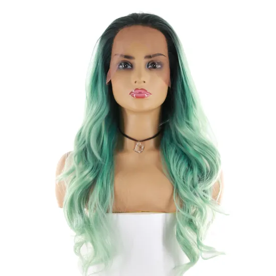 x-tress ombre green long curly wave synthetic hair lace front wigs  middlr part 150% density wigs with lace front wig