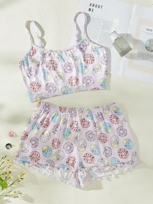 Polyester Cartoon Pajamas Set for Young Girls