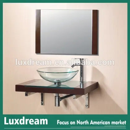 Wooden shelf clear glass vessel basin simple bathroom cabinets