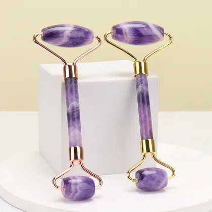 2025 Ladies Gift Set: IPSY Giveaway Natural Amethyst Purple Quartz Crystal Jade Roller & Scraping Apparatus for Guasha Massage