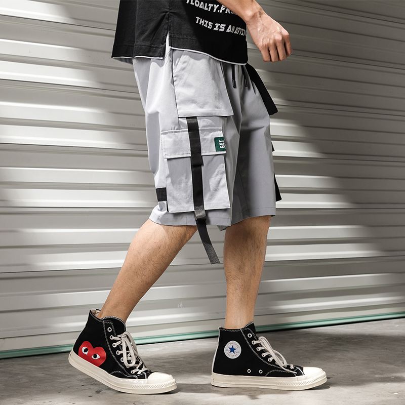 Streetwear 2021 Summer Casual Shorts Men Fashion Ribbons Pockets Cargo Shorts Bermuda Solid Hip Hop Men's Shorts