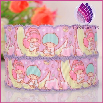 pink color 25mm width cartoon pattern satin ribbon with lacework
