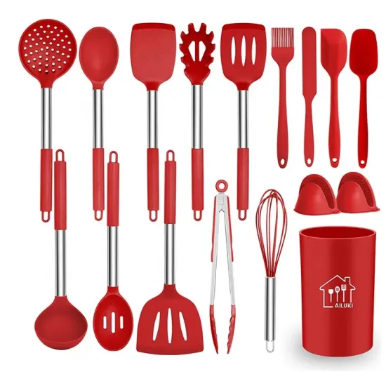 15-Piece Silicone Cooking Utensil Set: Non-Stick Kitchen Tools with Stainless Steel Handles