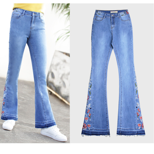 Skinny Denim Flared Pants Womens Chic Floral Embroidered Jeans Manufactory