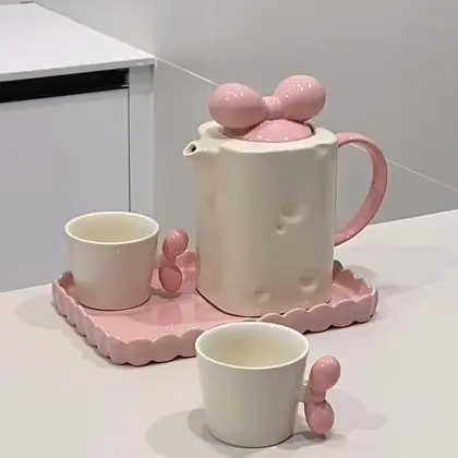 Cheese-Inspired Ceramic Tea Set with Pink Ribbon