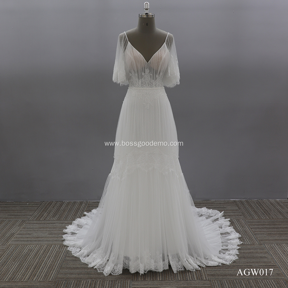 Sexy Illusion Backless V Neck Sweep Train Lace Fashion Bride Short Sleeve Wedding Dress