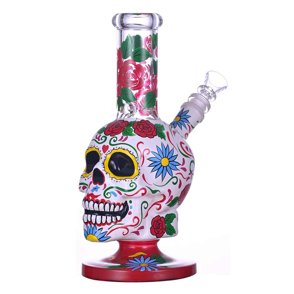 9.4in Hippiesglass, copo de vidro de esqueleto de terror desenhado à mão Bongo de vidro, bongo de flor fofo, tubo de água de vidro borossilicato, cachimbo de vidro de vidro