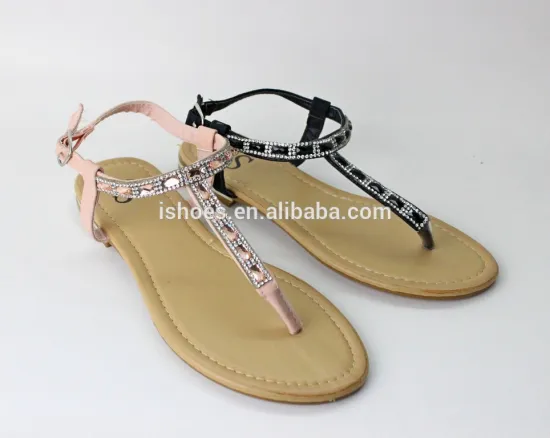wholesales women fashion flat sandals with rhinestone beaded T strap