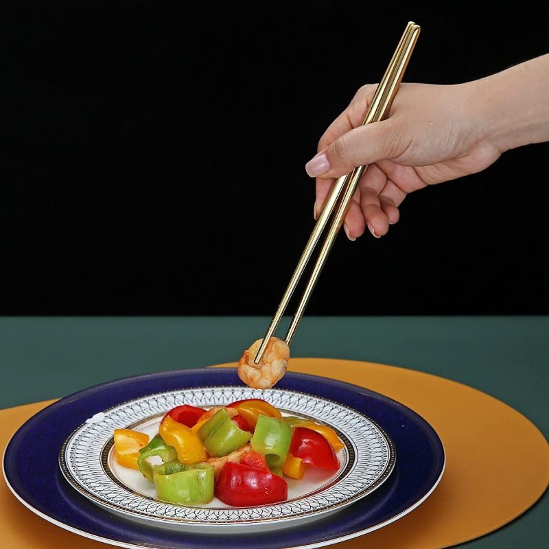 10 Pairs Reusable Chopsticks, Titanium Gold Plating Stainless Steel Metal Chop Sticks