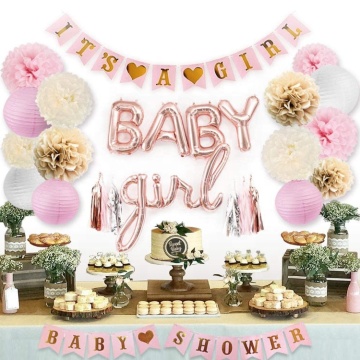 Pink Baby Shower Decorations Its A Girl Banner Baby Girl Letter Balloons Flower Pom Poms Paper Lanterns for Baby Girl Birthday
