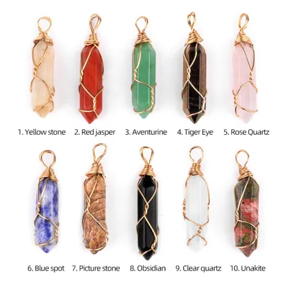Green Aventurine Hexagonal Pointed( 8x32mm) Pendant Wrapped Gold Wire Necklace 45cm Black Cord