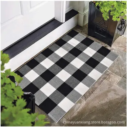 Black White Blue Grey Red Buffalo Plaid Cotton Rug