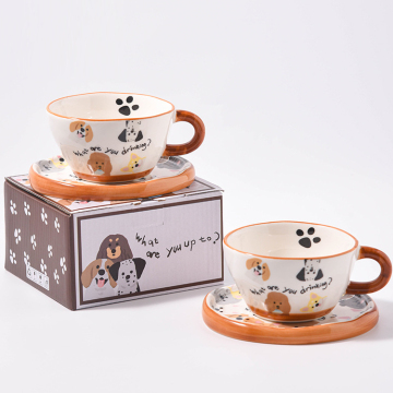 Hand-Decorated Dog Cartoon Ceramic Mug with Saucer - 350ml for Coffee & Tea