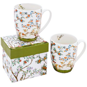 Fine China Coffee Mug Set with Bird, Branch, and Flower Design - 2 Pack Porcelain Tea Cups with Gift Box