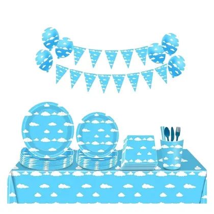 Custom Cloud Theme Party Decoration and Tableware Set for Kids' Birthday: 118 Pieces Sky Cloud Party Supplies